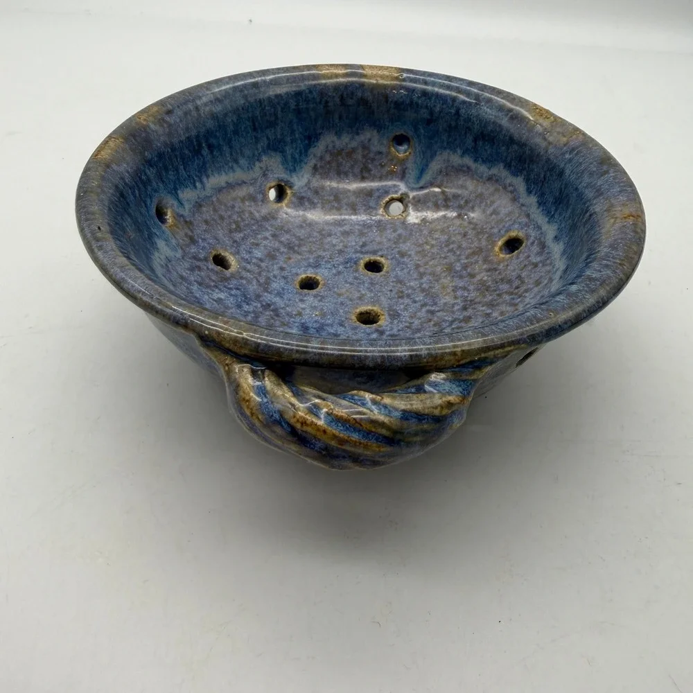 Studio Pottery Blue Stoneware Berry Bowl Colander Jane Berr 2004 Signed